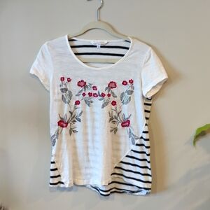 DownEast‎ Floral Embroidery Striped Tee Shirt
